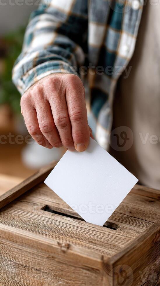 A person putting a ballot into a wooden box photo