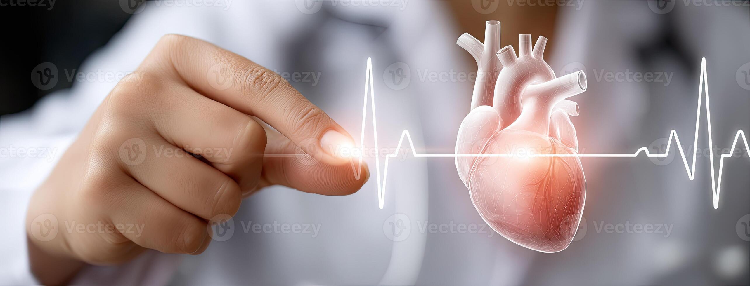 A doctor is pointing at a heart with a heartbeat photo