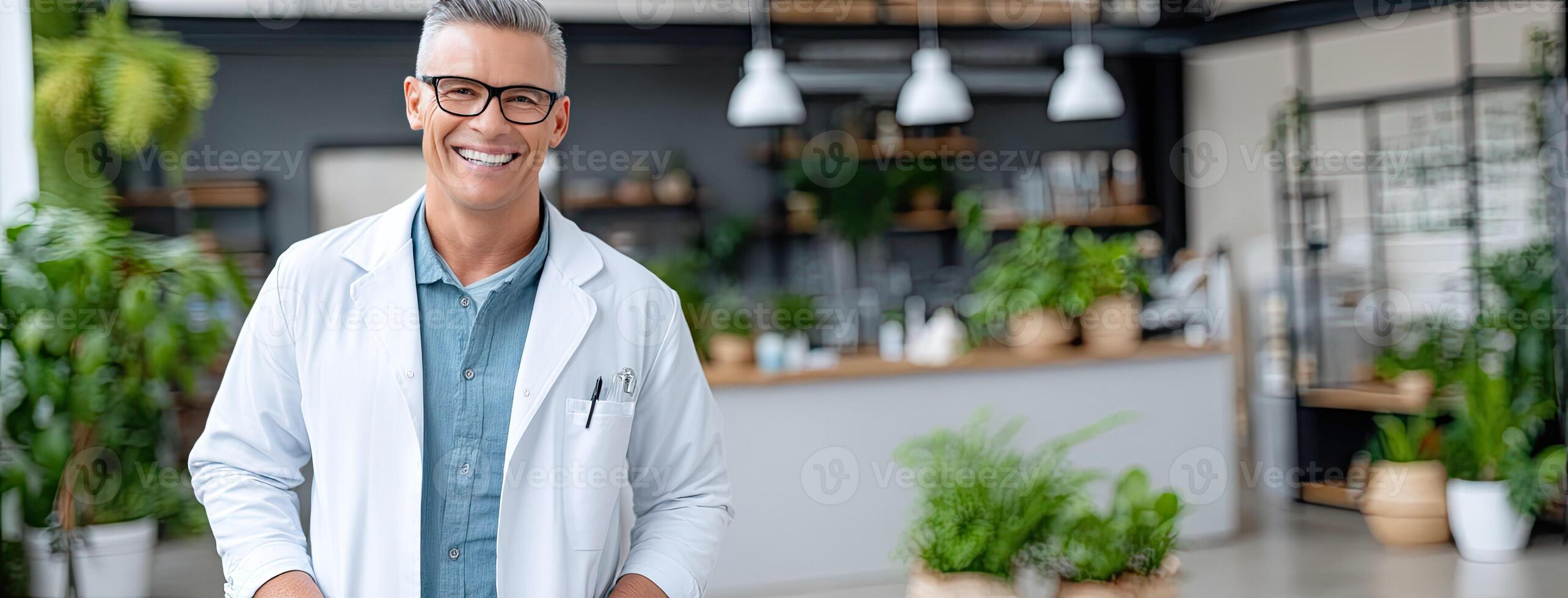 A smiling man in a lab coat standing in front of plants photo