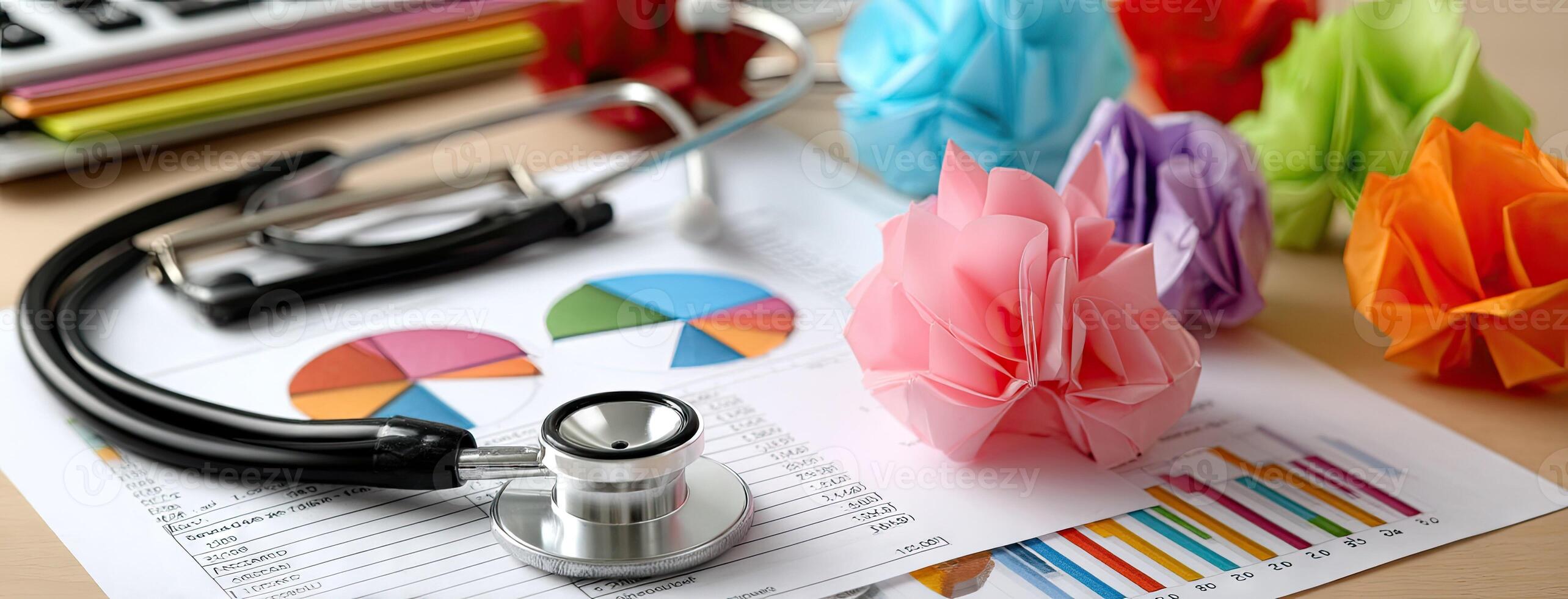 A stethoscope, paper, and a calculator on a desk photo