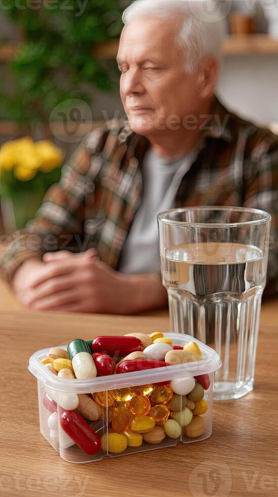 An older man sitting at a table with a container of pills photo