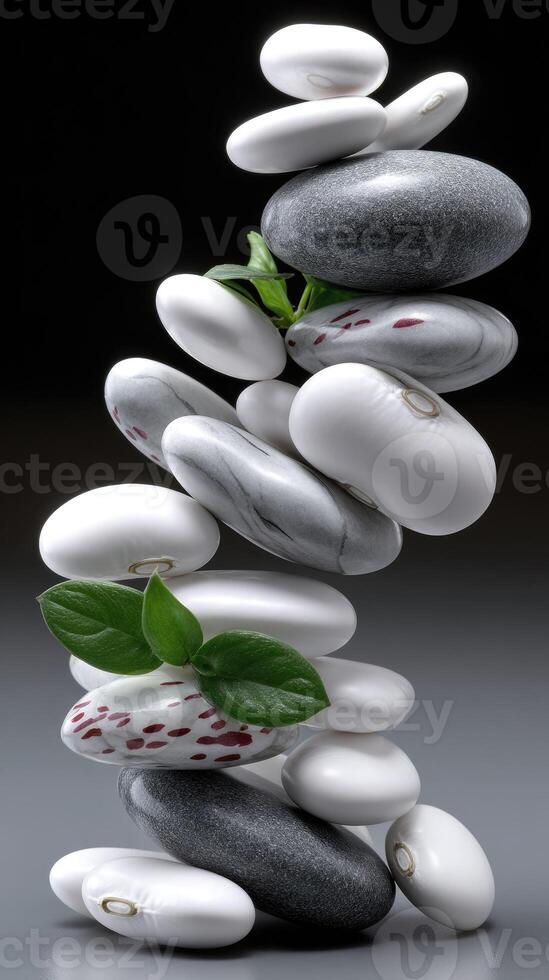 A stack of stones with leaves on top photo