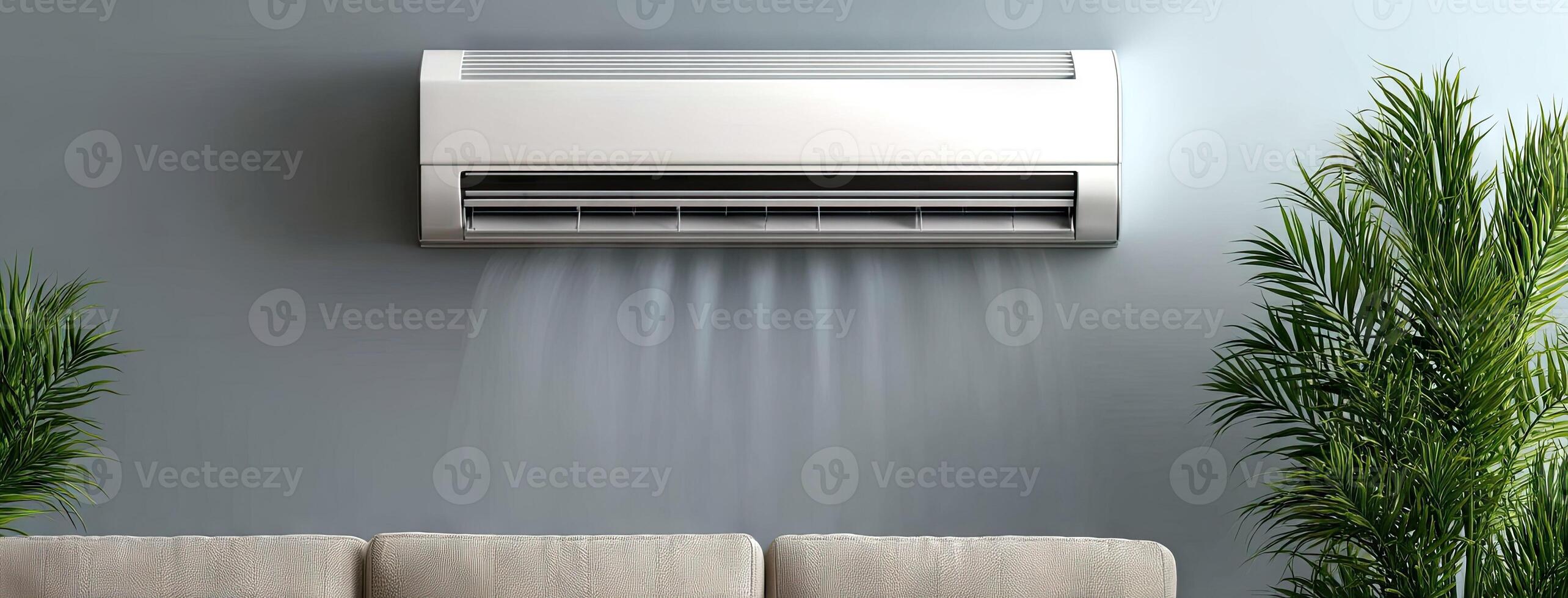 A modern air conditioner is mounted on the wall photo