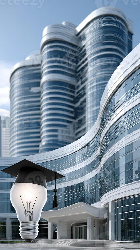 A graduation cap and light bulb in front of a building photo