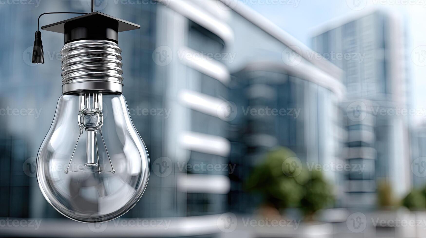 A light bulb hanging from a string in front of a building photo