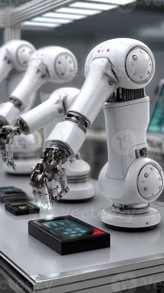 Robot arms in a factory with a computer screen photo