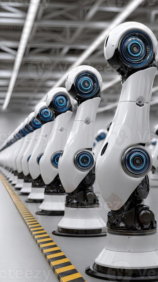 A row of white robots in a factory photo