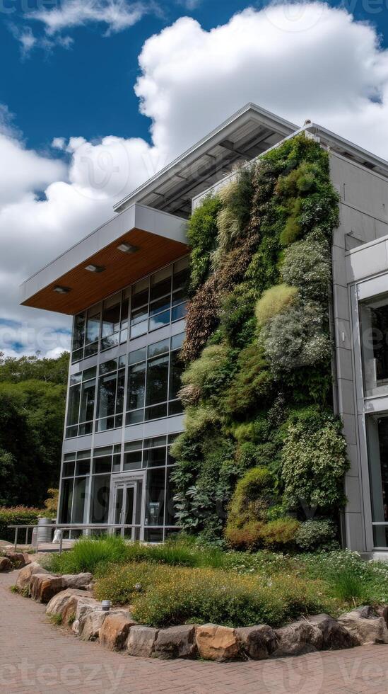 A building with a green wall and a large tree photo