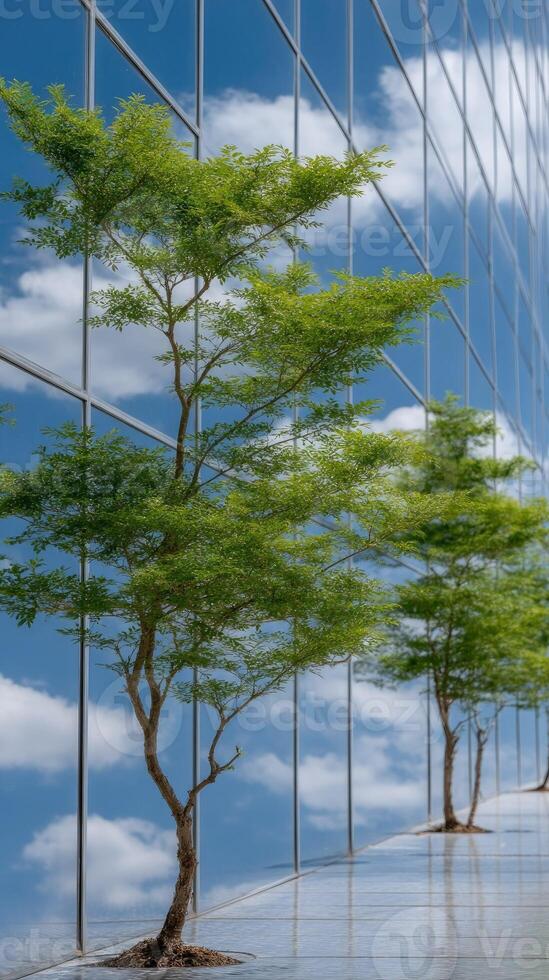 A row of trees in front of a building photo
