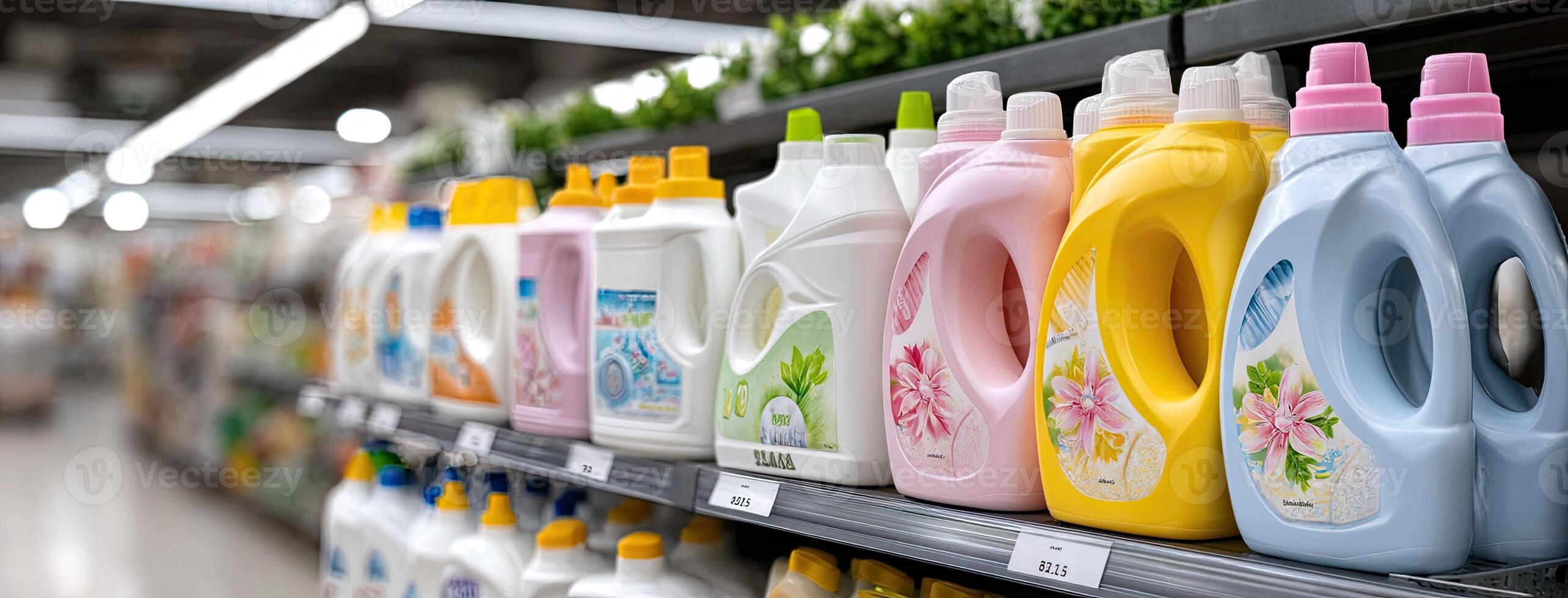 Several bottles of cleaning products are on a shelf photo
