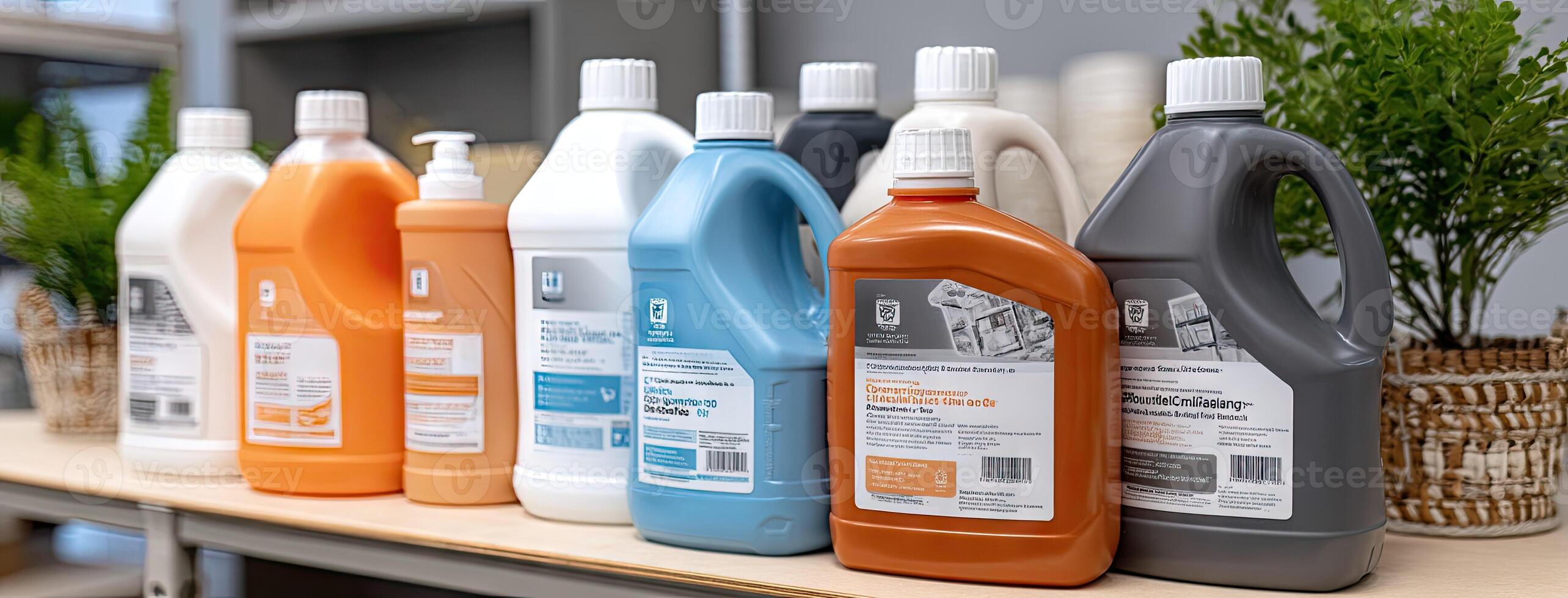 Several bottles of cleaning products are lined up on a shelf photo