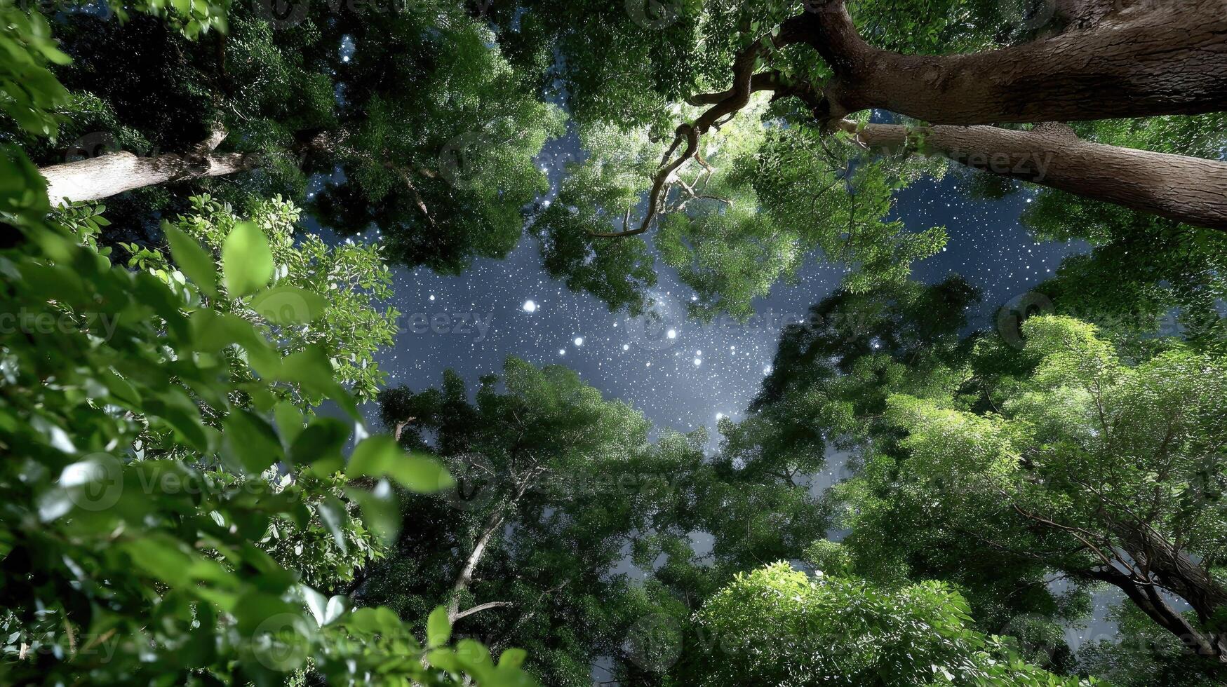 A forest with trees and stars in the sky photo
