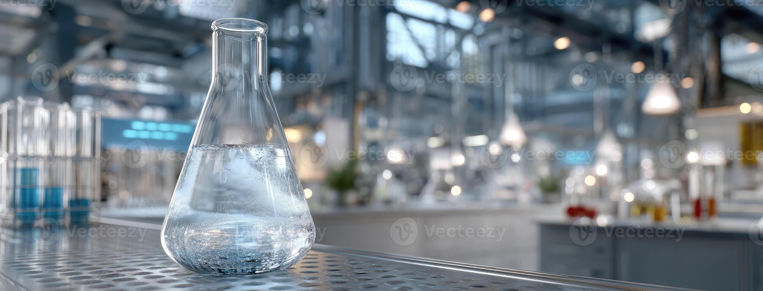 A glass vase with water sitting on a table photo
