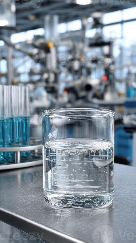 A glass of water sits on a table in a laboratory photo