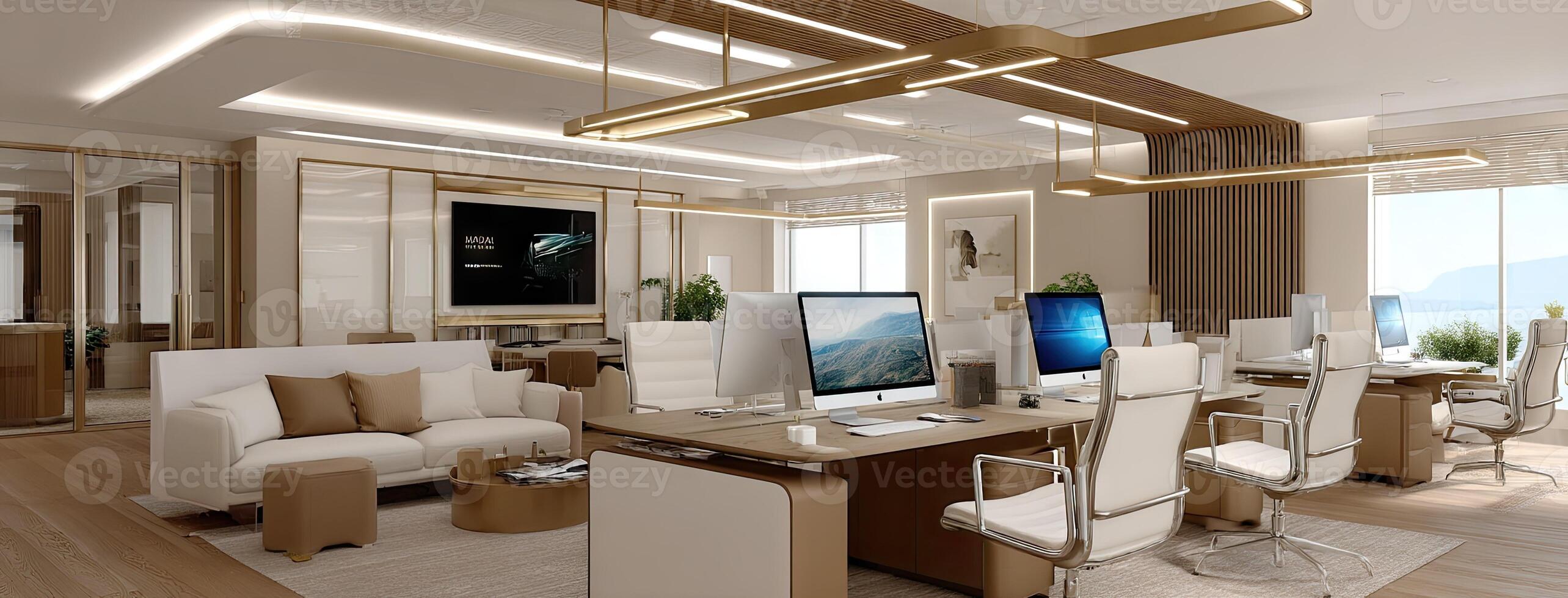 A modern office with a large desk and chairs photo