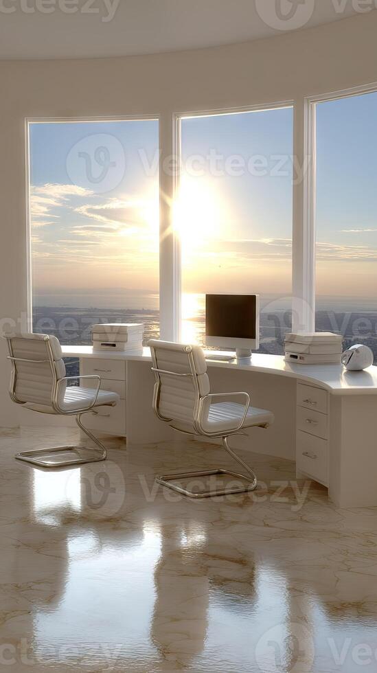 A white office with a view of the ocean photo