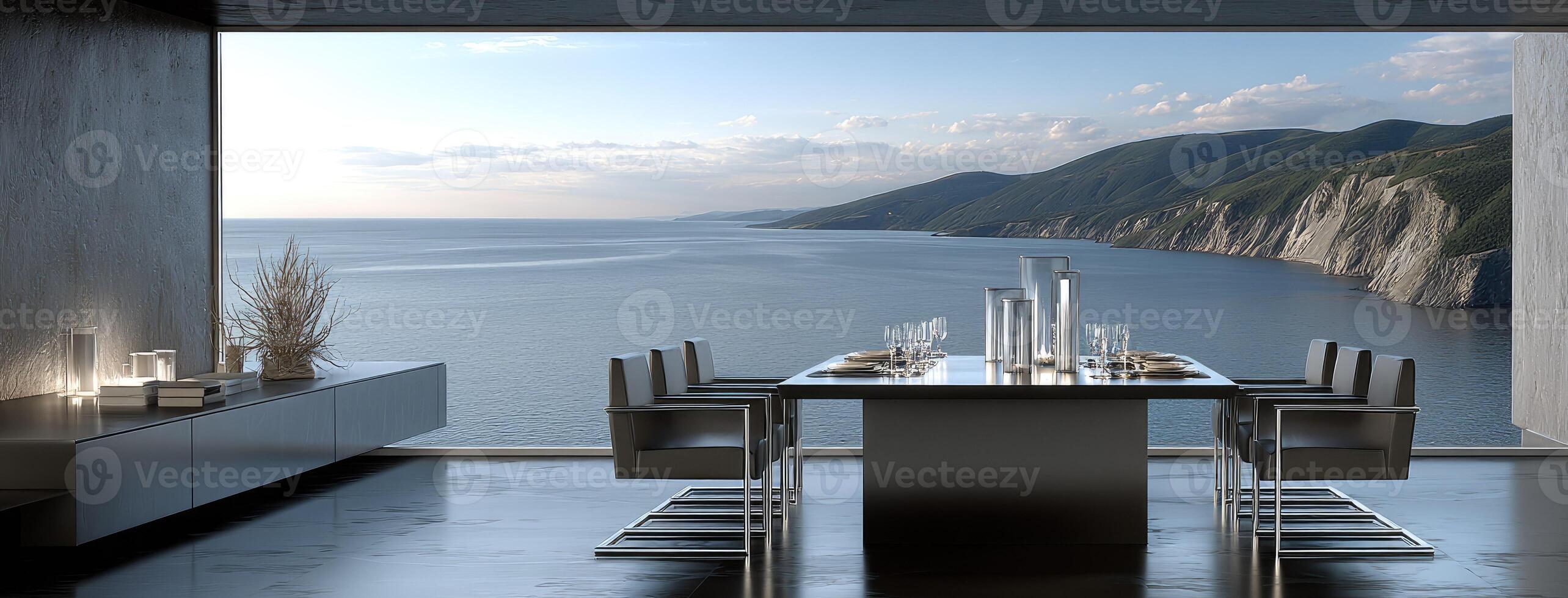 A dining table and chairs in front of a large window overlooking the ocean photo
