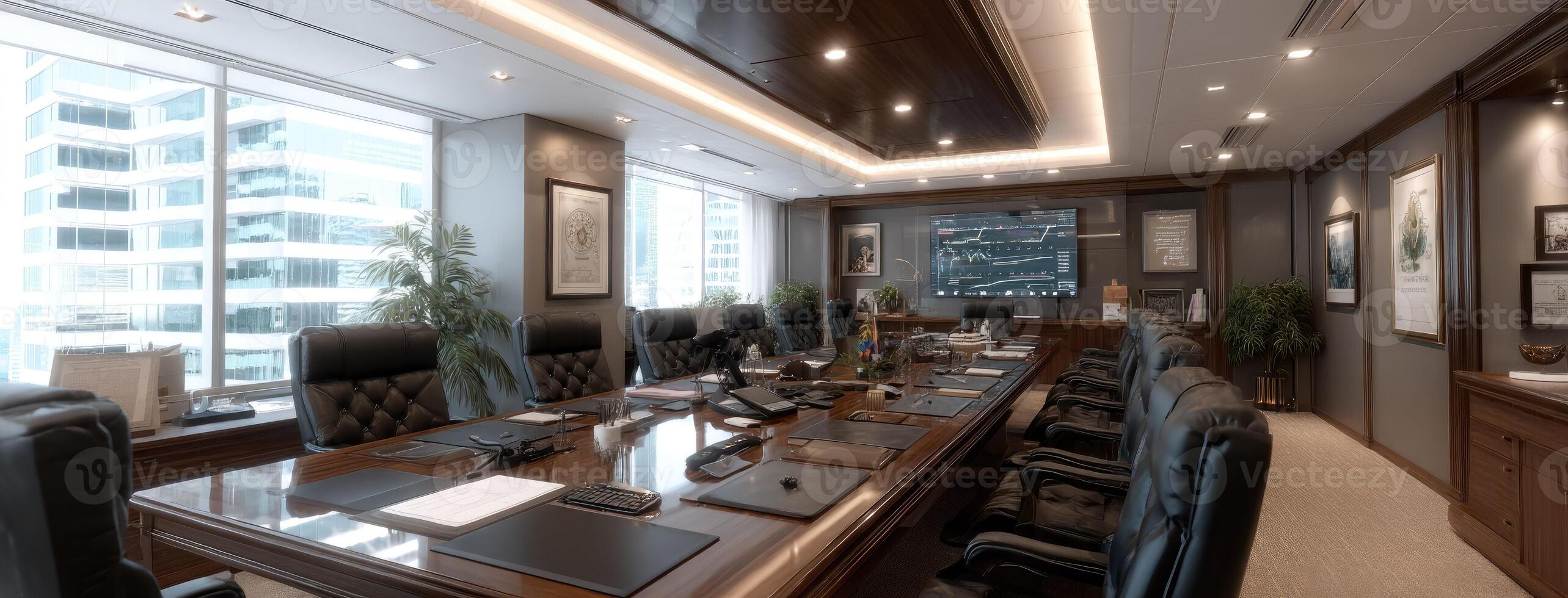 A conference room with a large desk and chairs photo