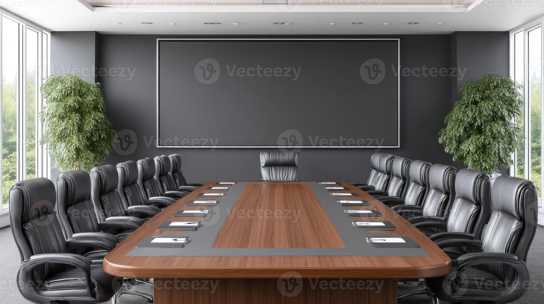 A conference room with a large board on the wall photo