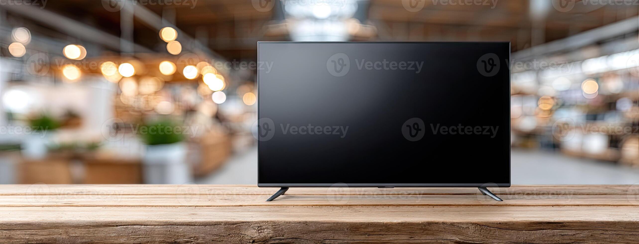 A black tv on a wooden table in a warehouse photo