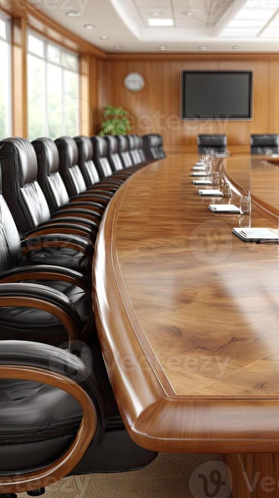 A conference table with black chairs and a large screen photo