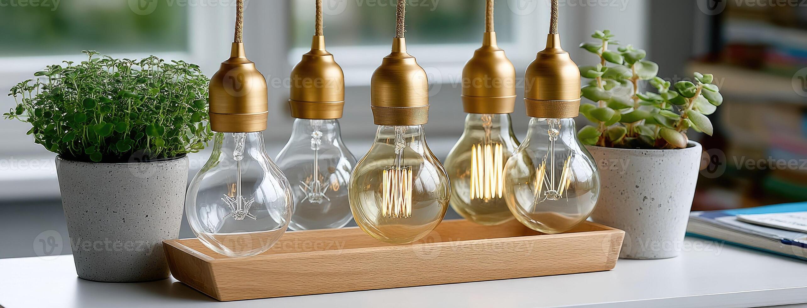 Five light bulbs are sitting on a wooden tray photo