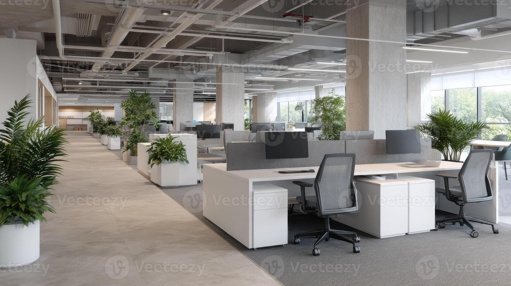 An office with desks and plants in the middle photo