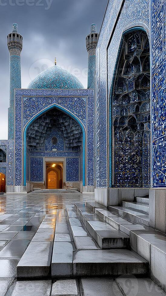 A blue mosque with a blue dome and steps photo