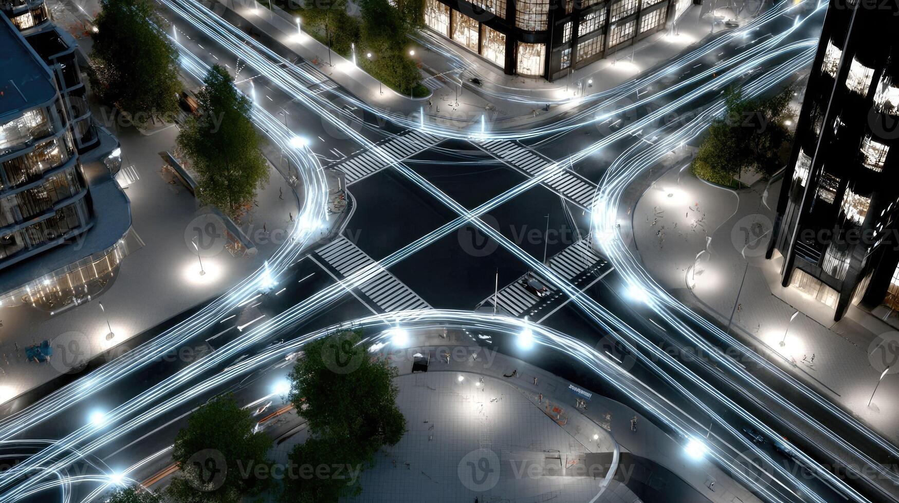 An aerial view of a city intersection at night photo