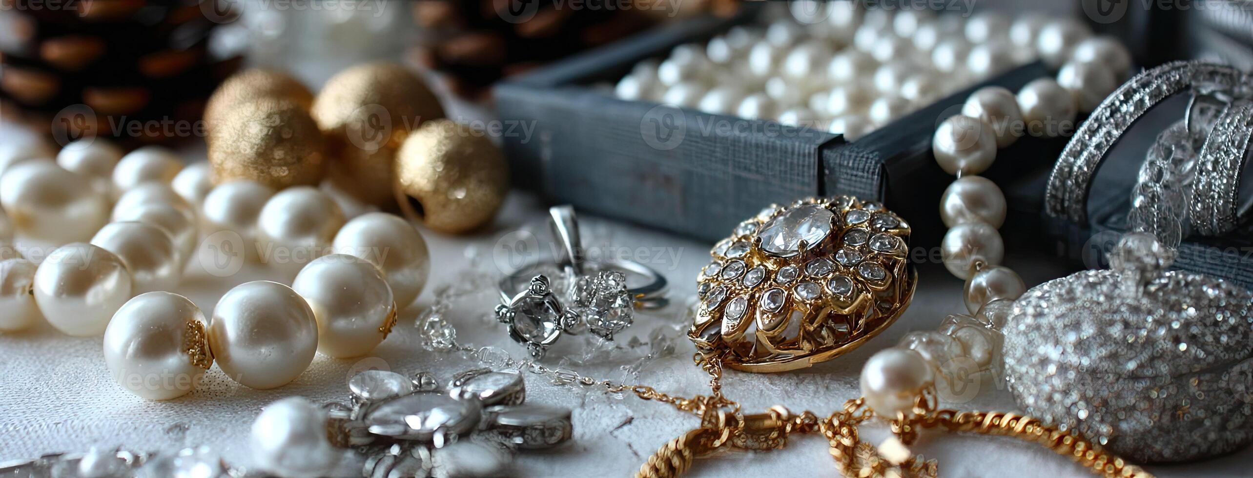 Jewelry and pearls are arranged on a table photo