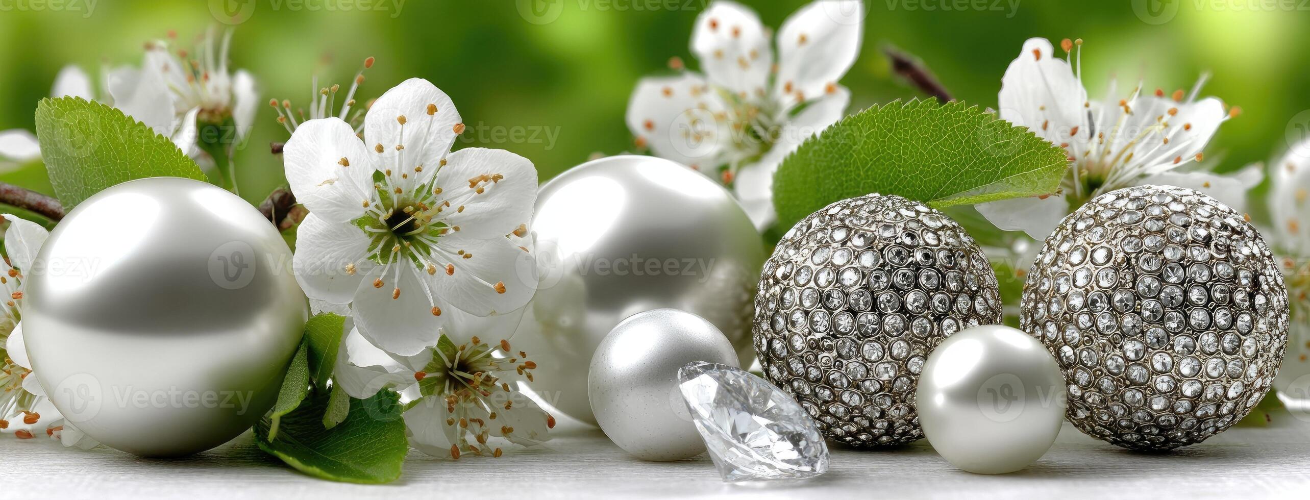 Easter eggs, flowers and pearls on a table photo