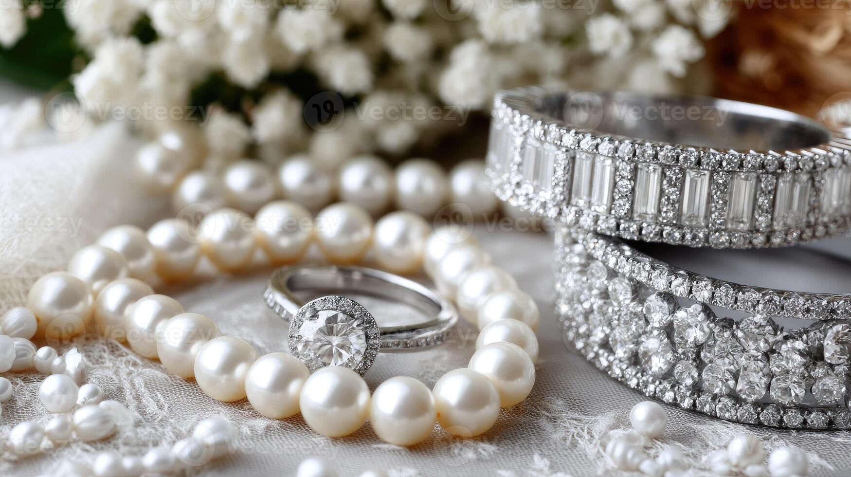 A close up of a diamond ring, pearl necklace and a diamond ring photo