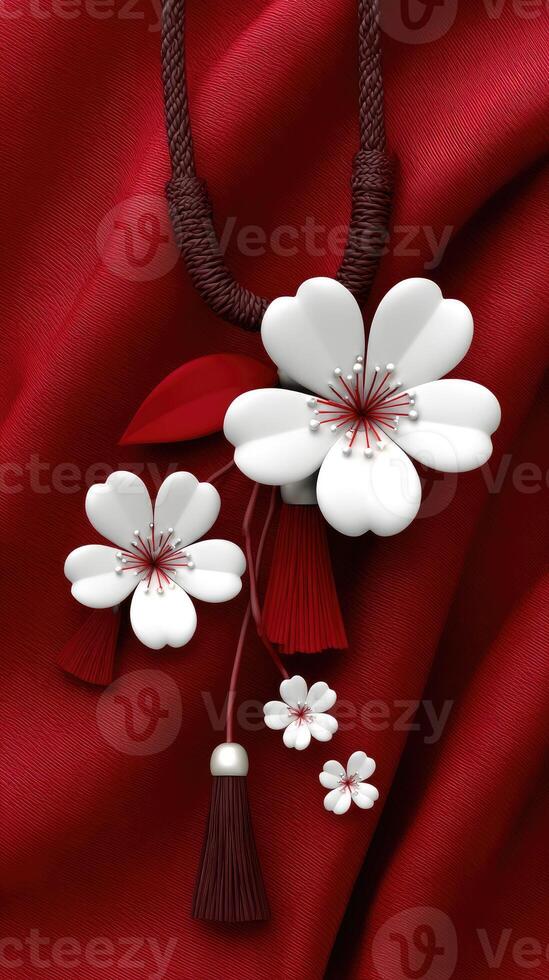A necklace with white flowers and red tassels photo