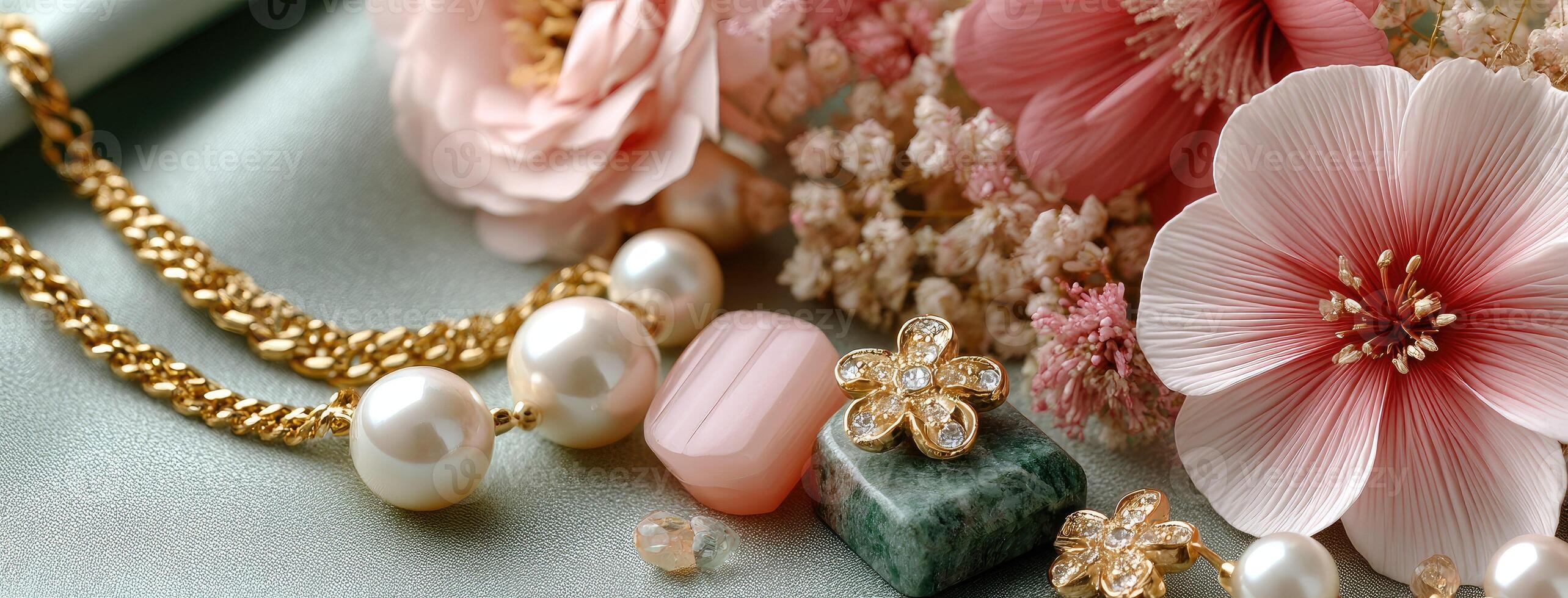 Jewelry and flowers on a green cloth photo