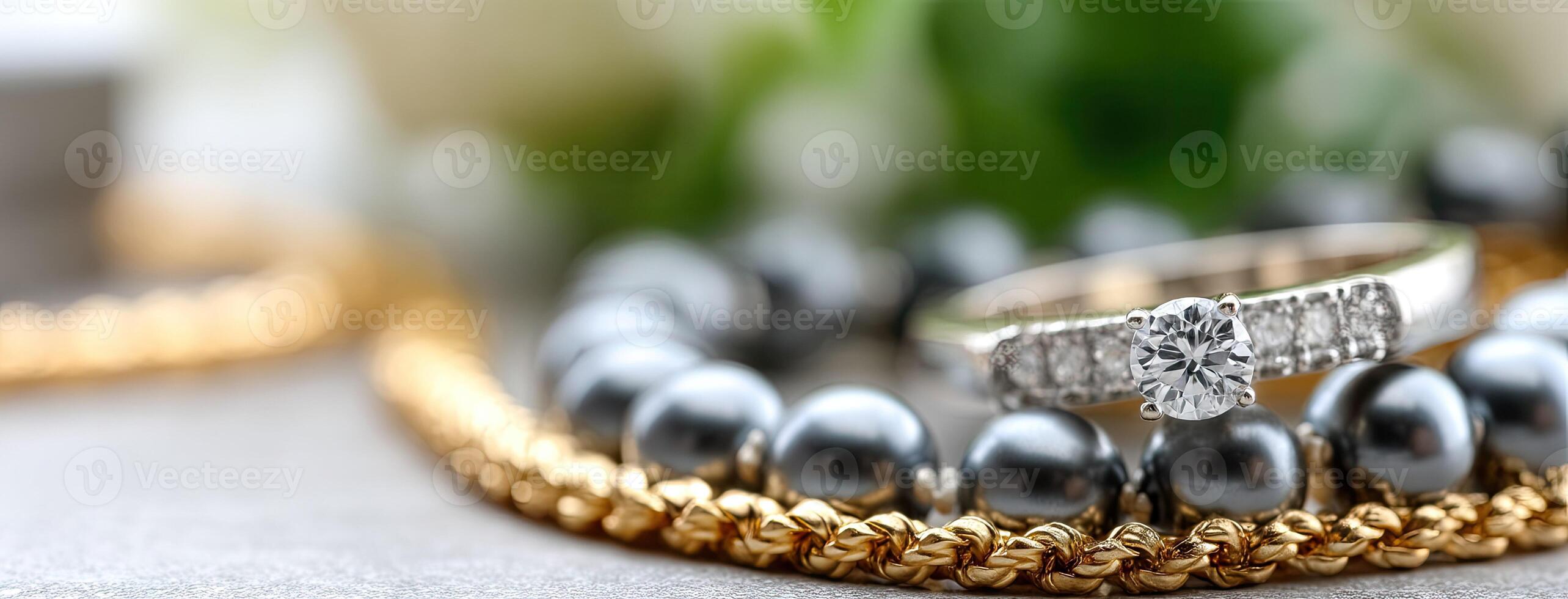 A diamond ring and a gold necklace on a table photo