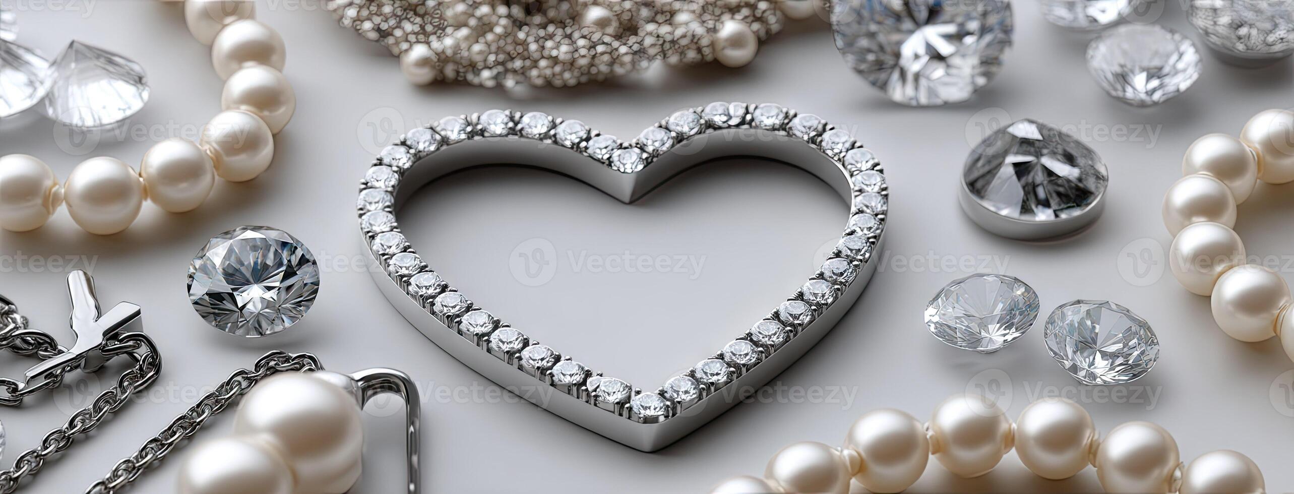 A heart shaped diamond necklace with pearls and other jewelry photo