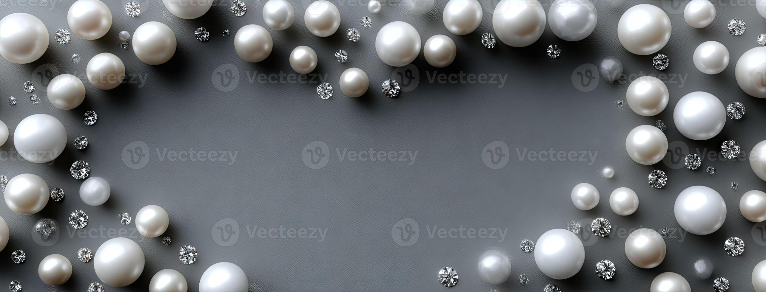 Pearls and diamonds in a heart shape on a gray background photo
