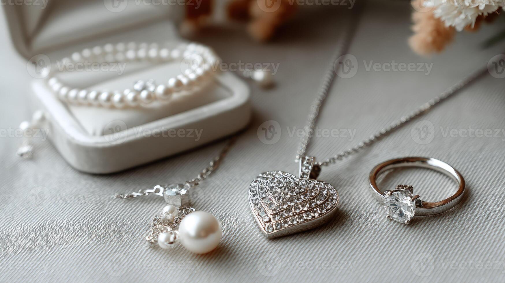 A white box with a heart shaped pendant, a ring and a bracelet photo