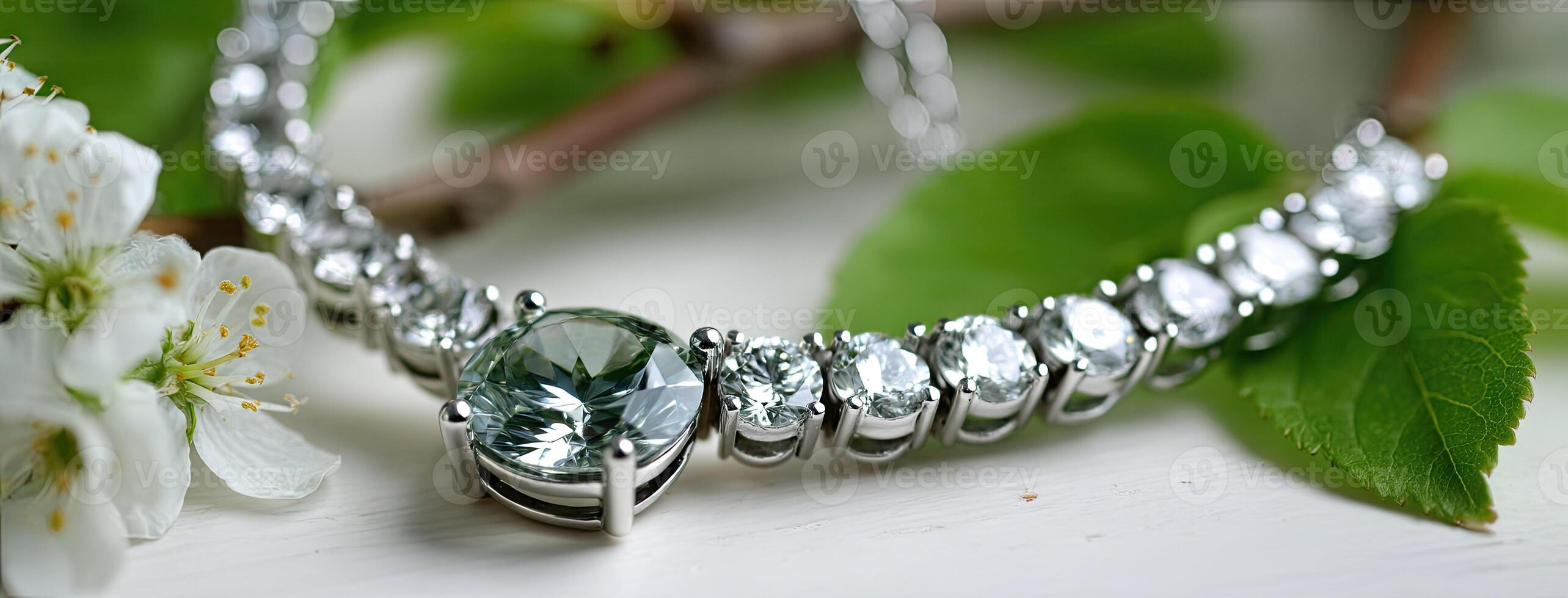 A green diamond necklace with a white flower photo