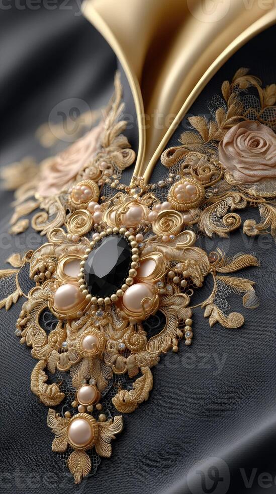 A black and gold embroidered jacket with pearls and gold beads photo