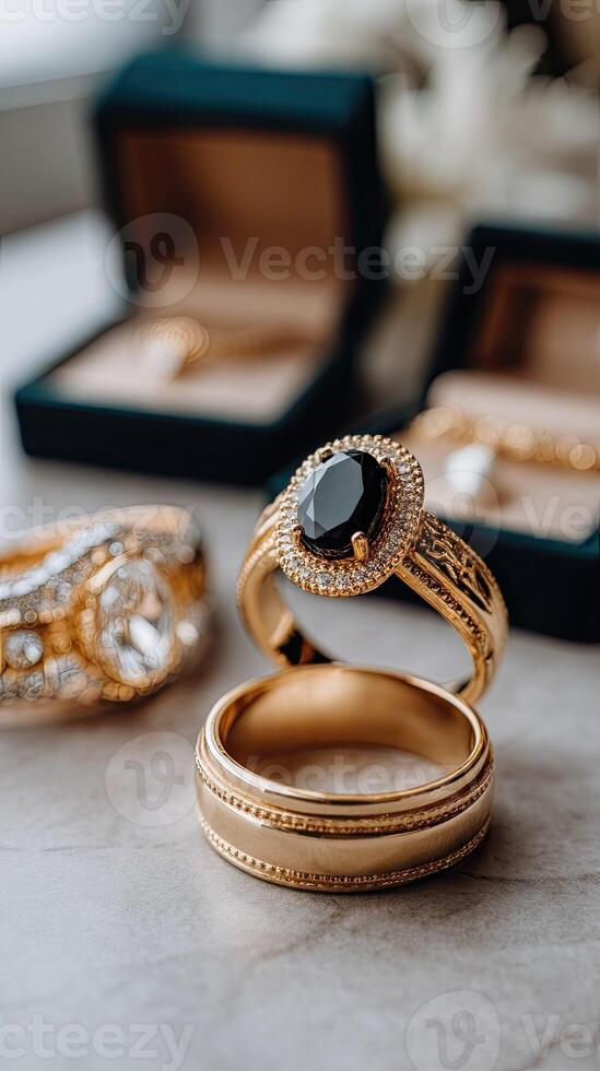 Gold wedding rings with black diamond photo