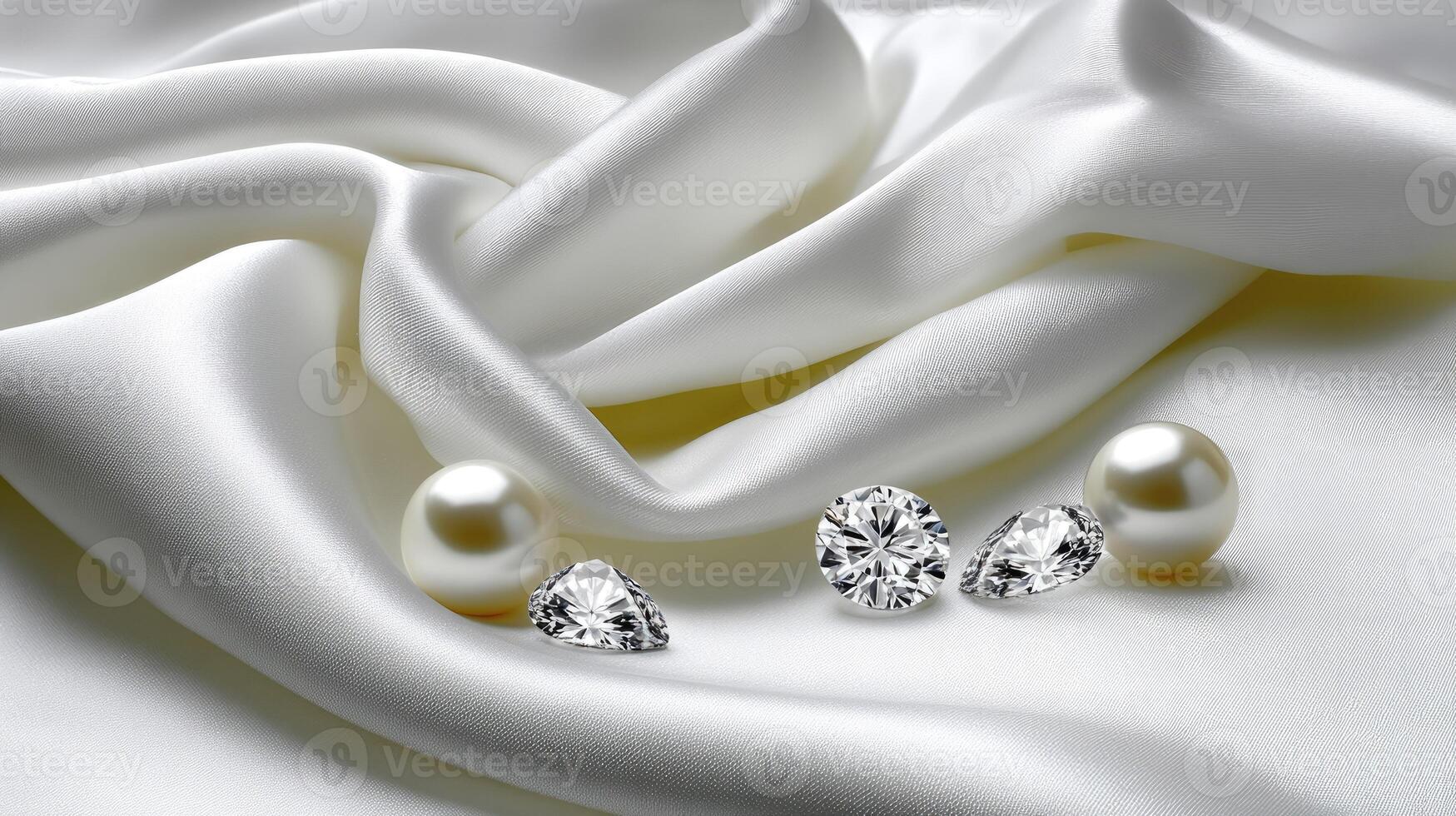 Three diamond stud earrings and pearls on a white satin photo