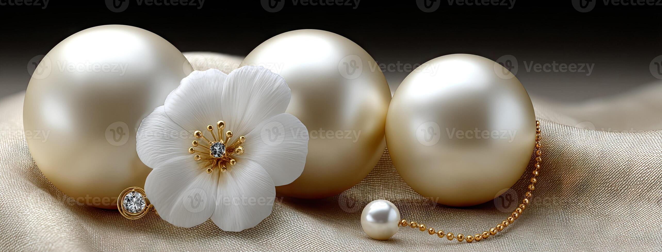 Three white pearls and a flower are on a cloth photo