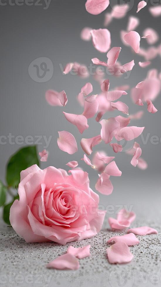 Pink rose with petals falling from the sky photo