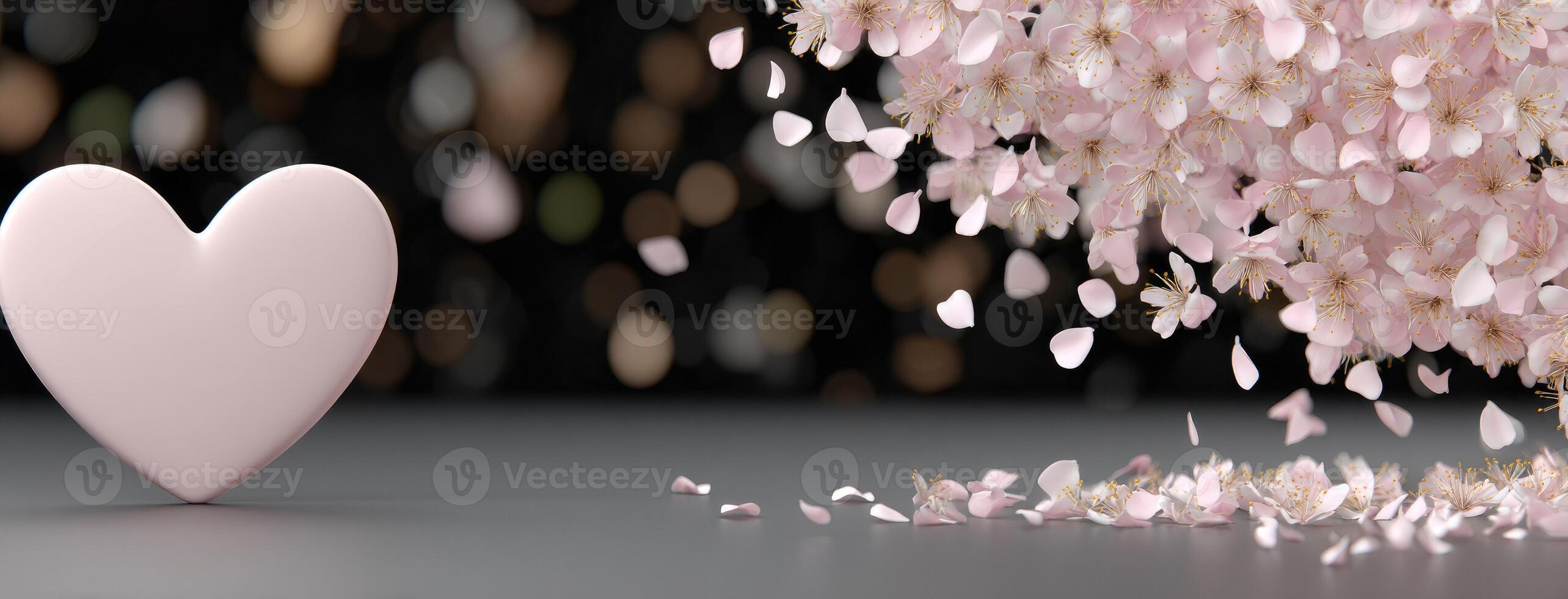A heart shaped object is surrounded by pink flowers photo