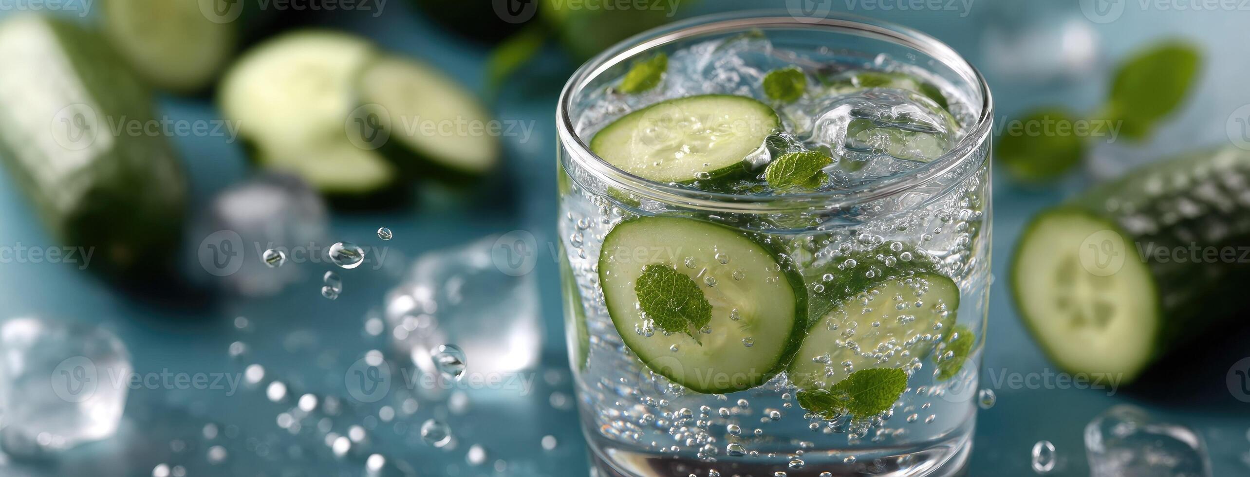A glass of water with cucumber slices and mint leaves photo