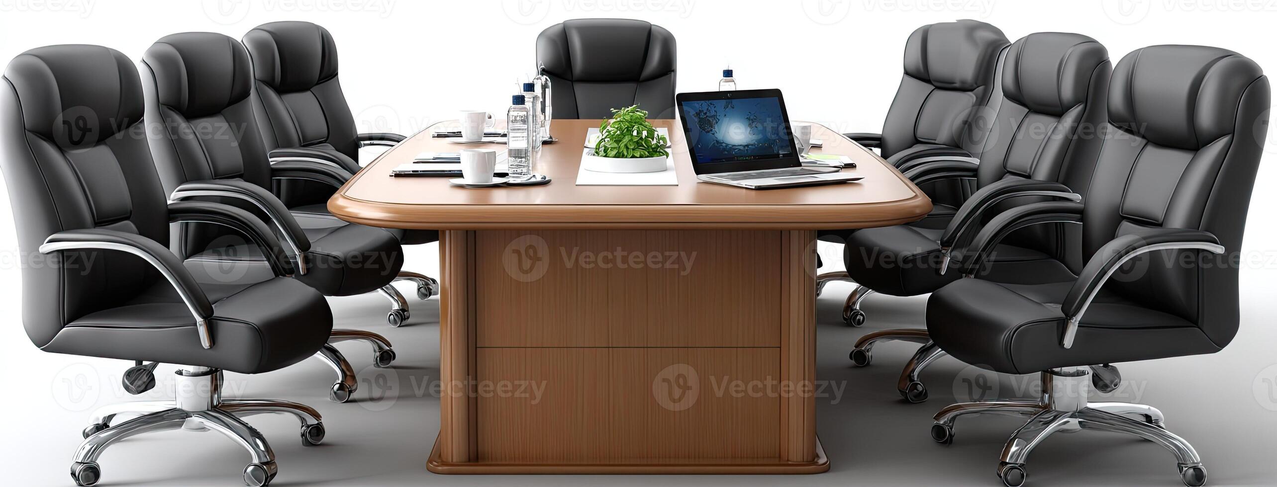 A conference table with black chairs and a laptop photo