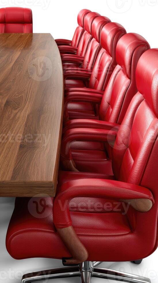 A conference table with red leather chairs photo