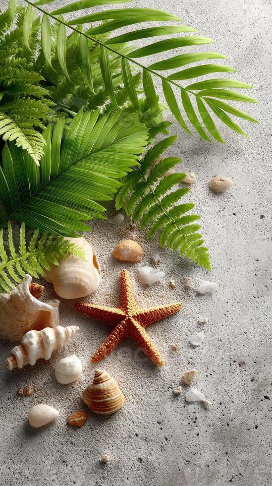 A starfish, shells and palm leaves on a concrete surface photo