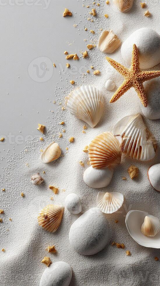 Sea shells and starfish on sand photo